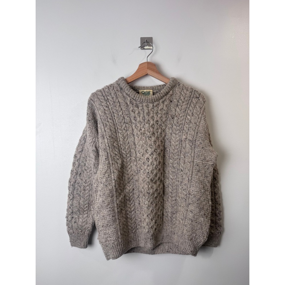 Carraig Donn Women Beige Wool Aran Cable Knit Fisherman Sweater Medium